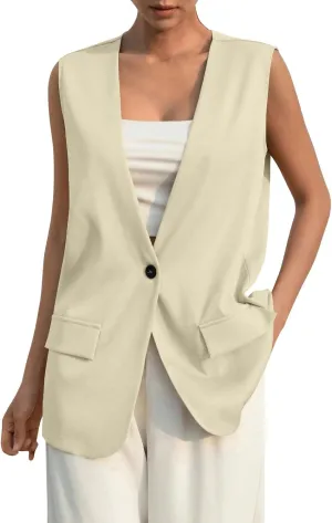 Women's Sleeveless Blazers Solid Color Open Front Blazer Vests Lapel Single Button Business Casual Jackets