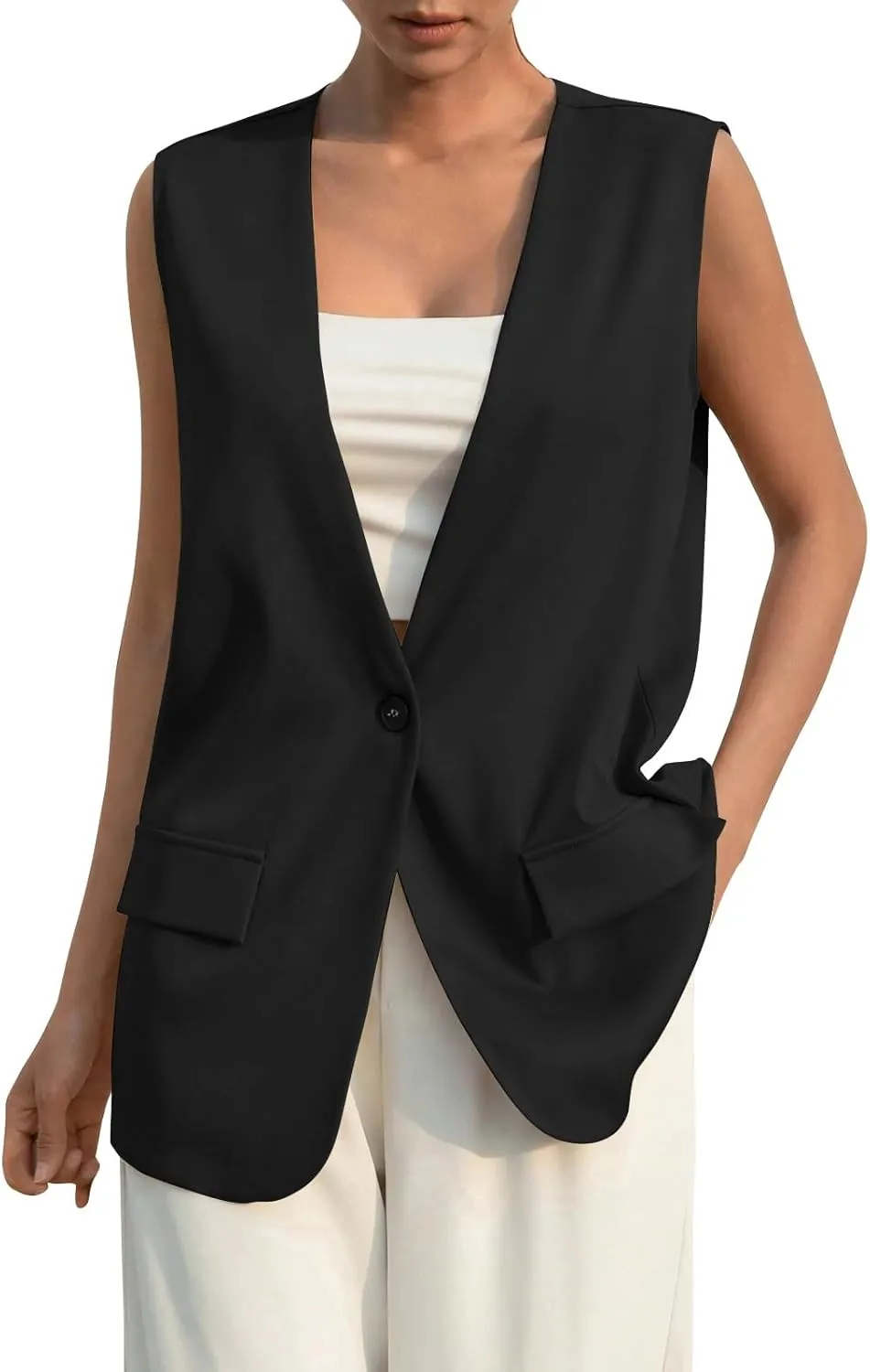 Women's Sleeveless Blazers Solid Color Open Front Blazer Vests Lapel Single Button Business Casual Jackets
