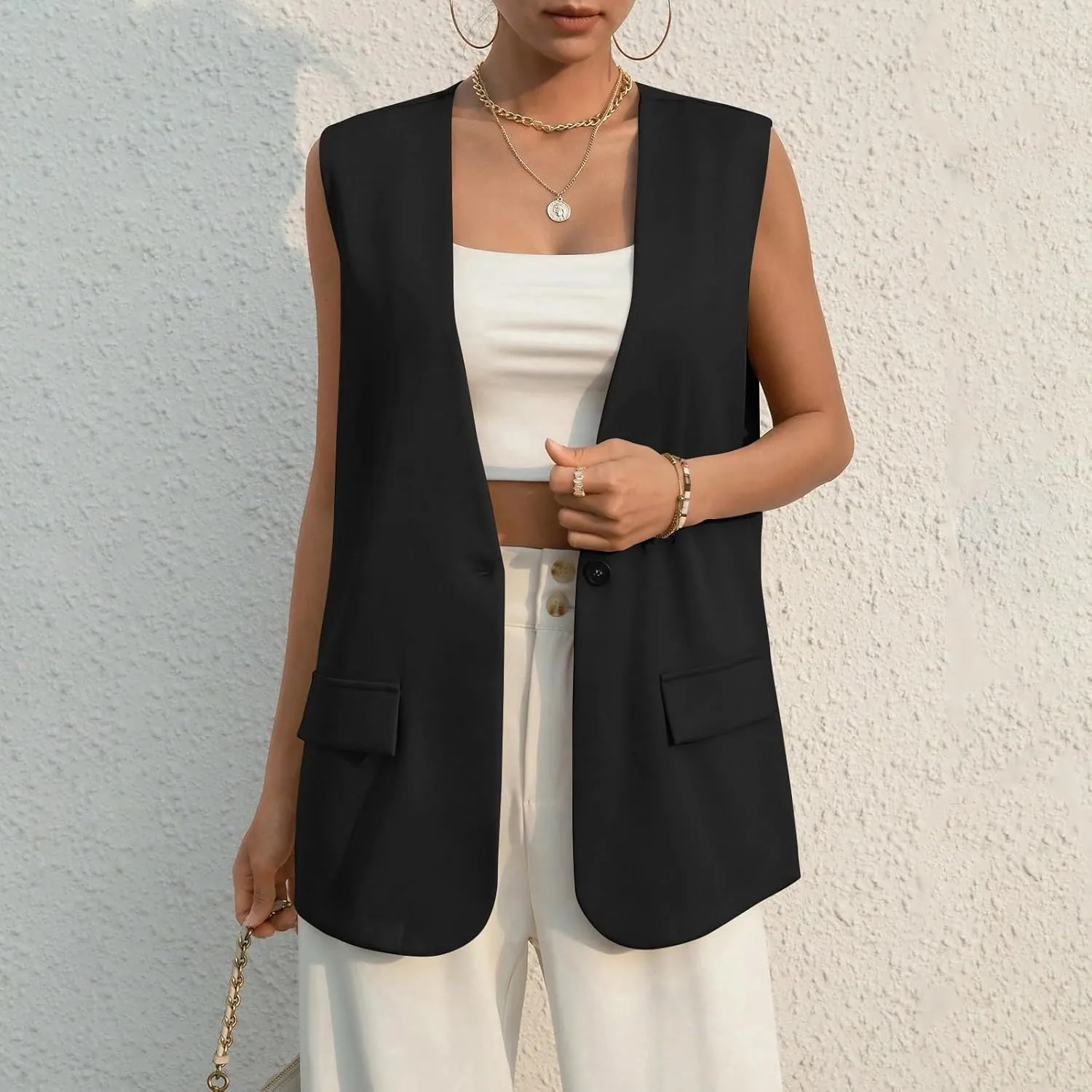 Women's Sleeveless Blazers Solid Color Open Front Blazer Vests Lapel Single Button Business Casual Jackets