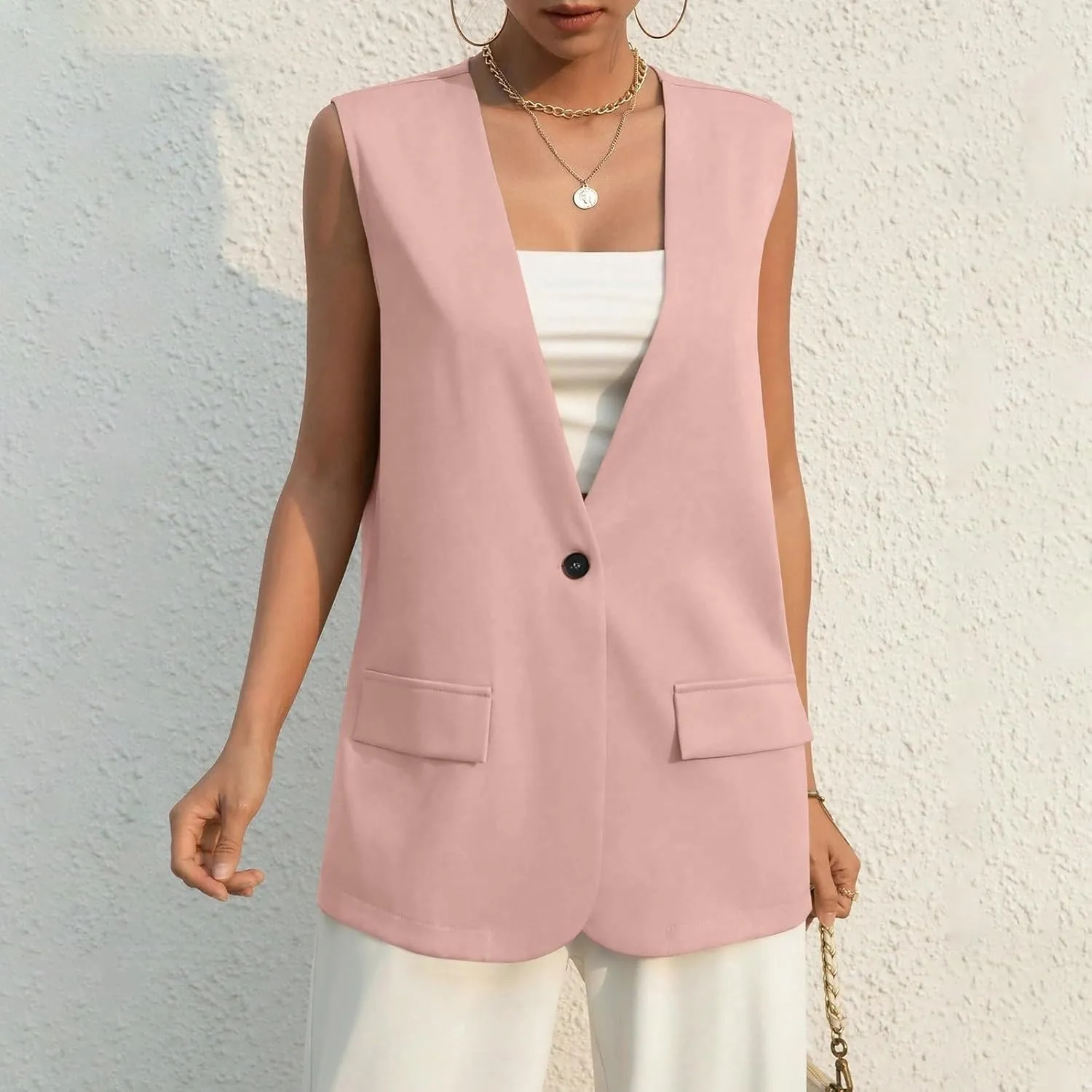 Women's Sleeveless Blazers Solid Color Open Front Blazer Vests Lapel Single Button Business Casual Jackets