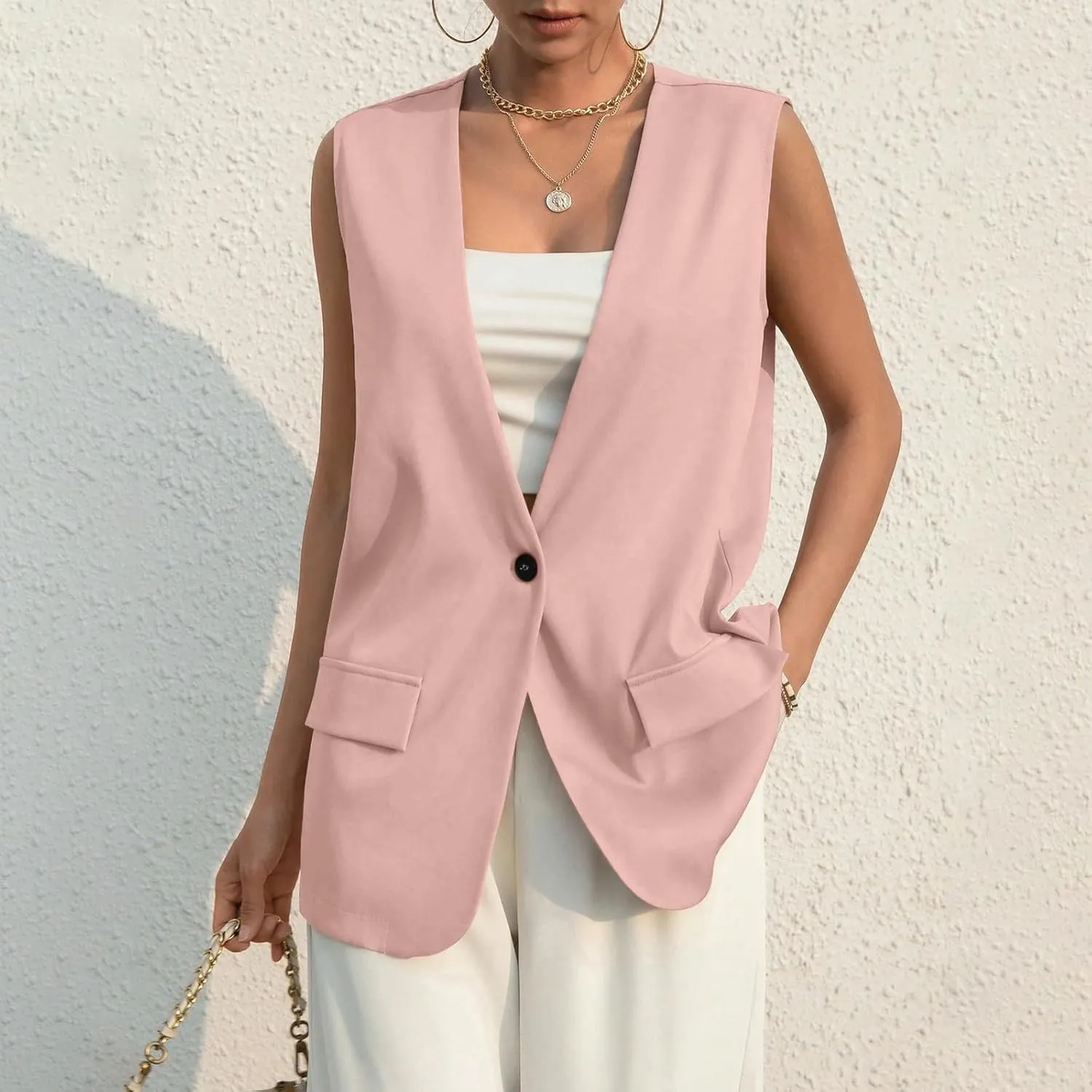 Women's Sleeveless Blazers Solid Color Open Front Blazer Vests Lapel Single Button Business Casual Jackets