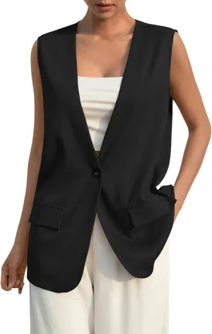 Women's Sleeveless Blazers Solid Color Open Front Blazer Vests Lapel Single Button Business Casual Jackets