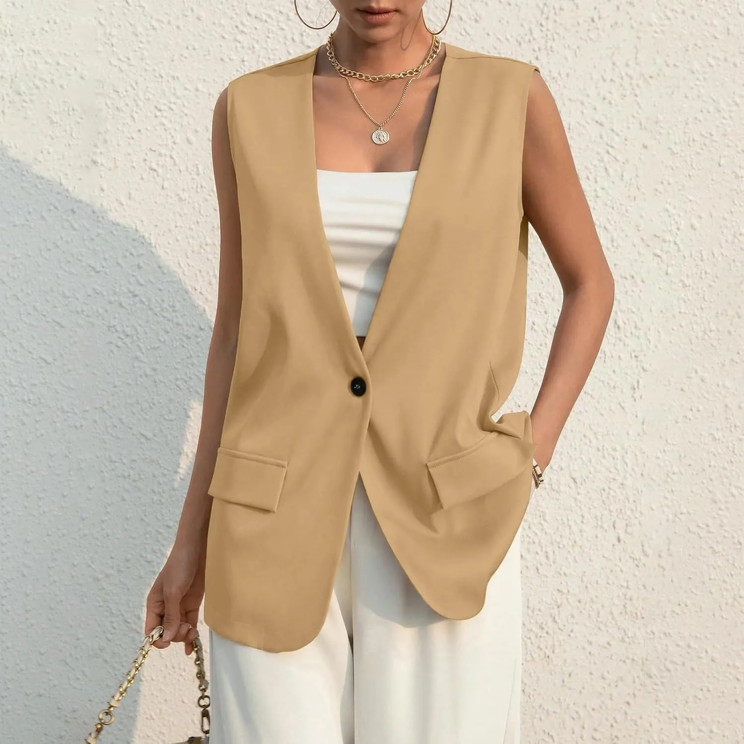 Women's Sleeveless Blazers Solid Color Open Front Blazer Vests Lapel Single Button Business Casual Jackets