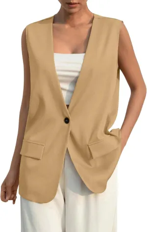 Women's Sleeveless Blazers Solid Color Open Front Blazer Vests Lapel Single Button Business Casual Jackets