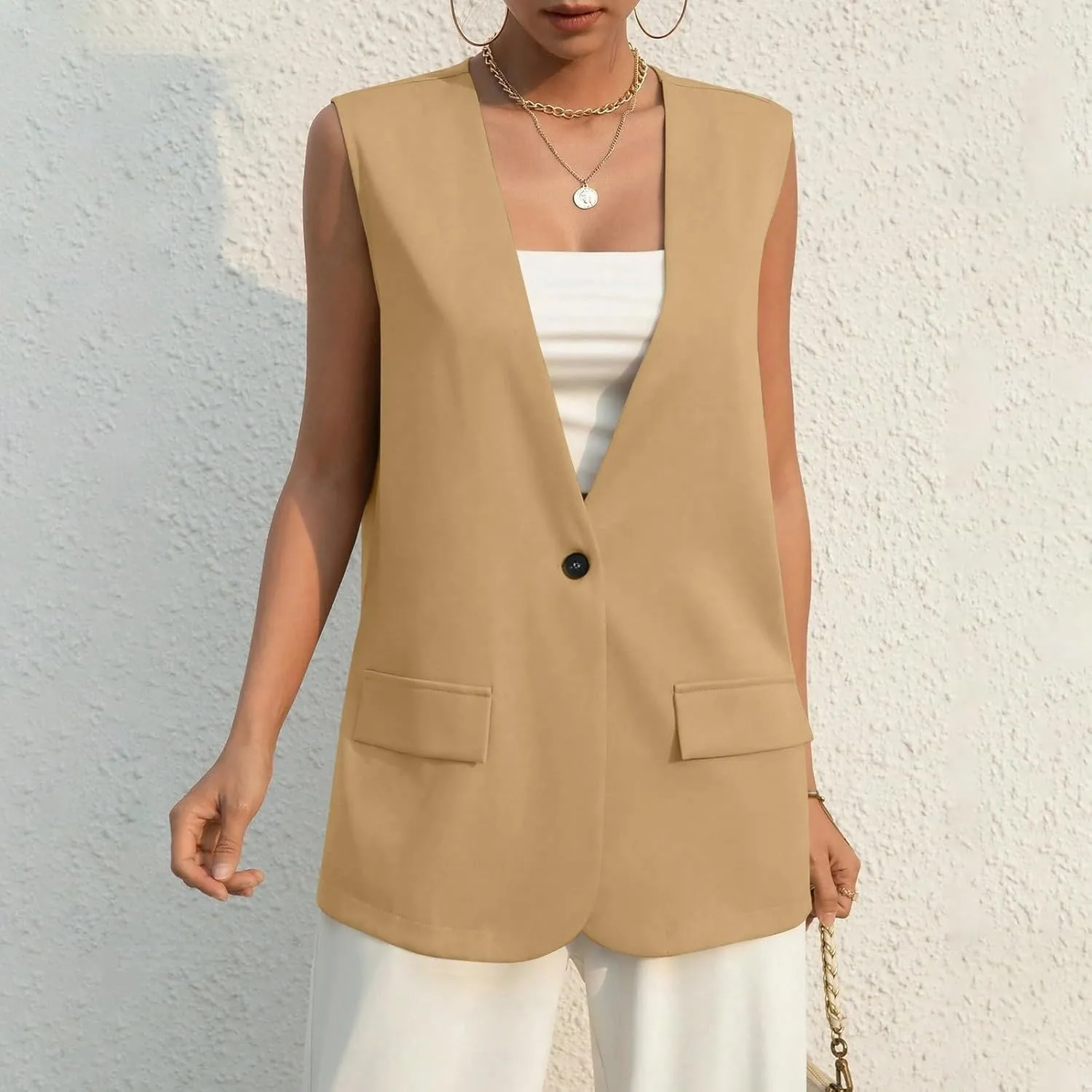 Women's Sleeveless Blazers Solid Color Open Front Blazer Vests Lapel Single Button Business Casual Jackets