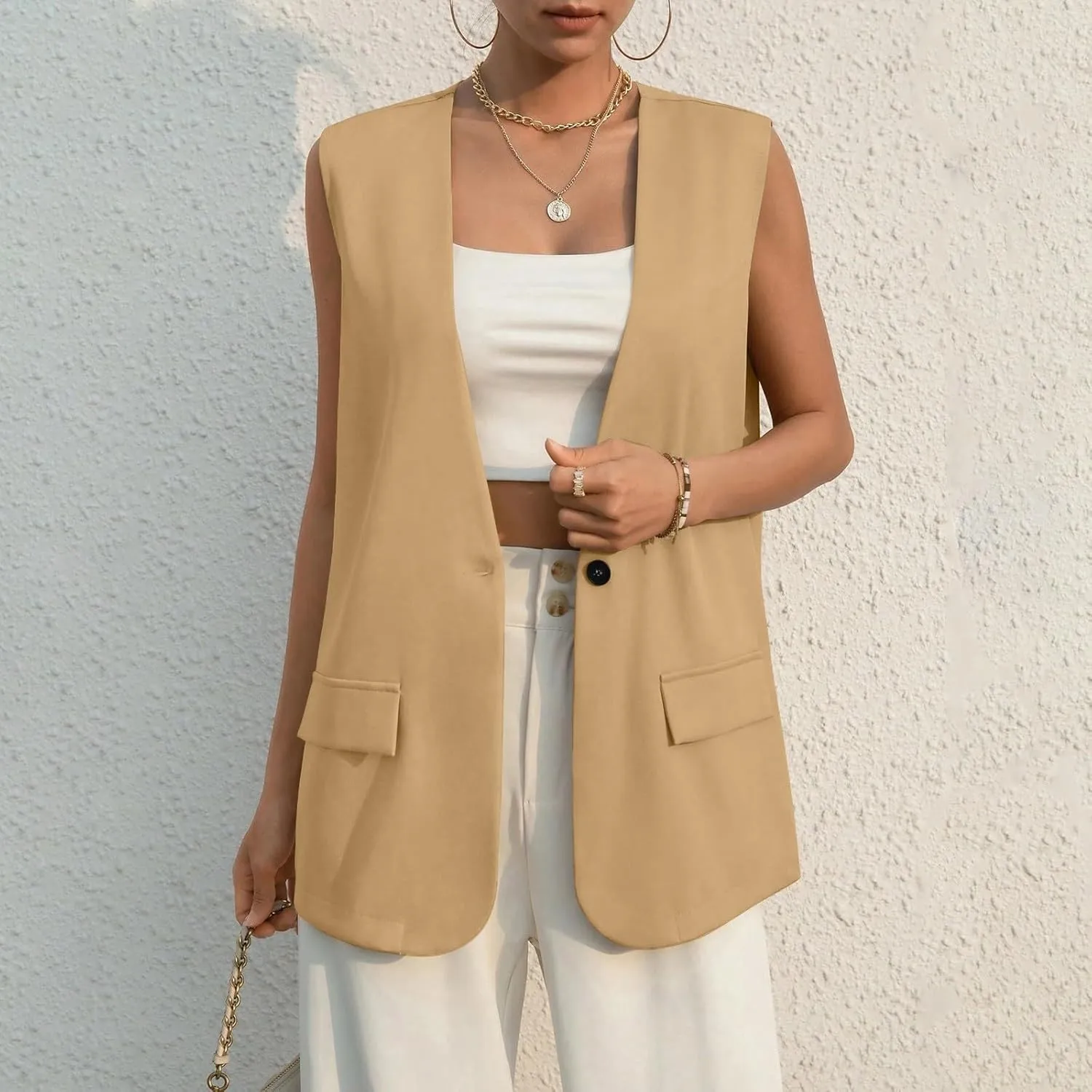 Women's Sleeveless Blazers Solid Color Open Front Blazer Vests Lapel Single Button Business Casual Jackets