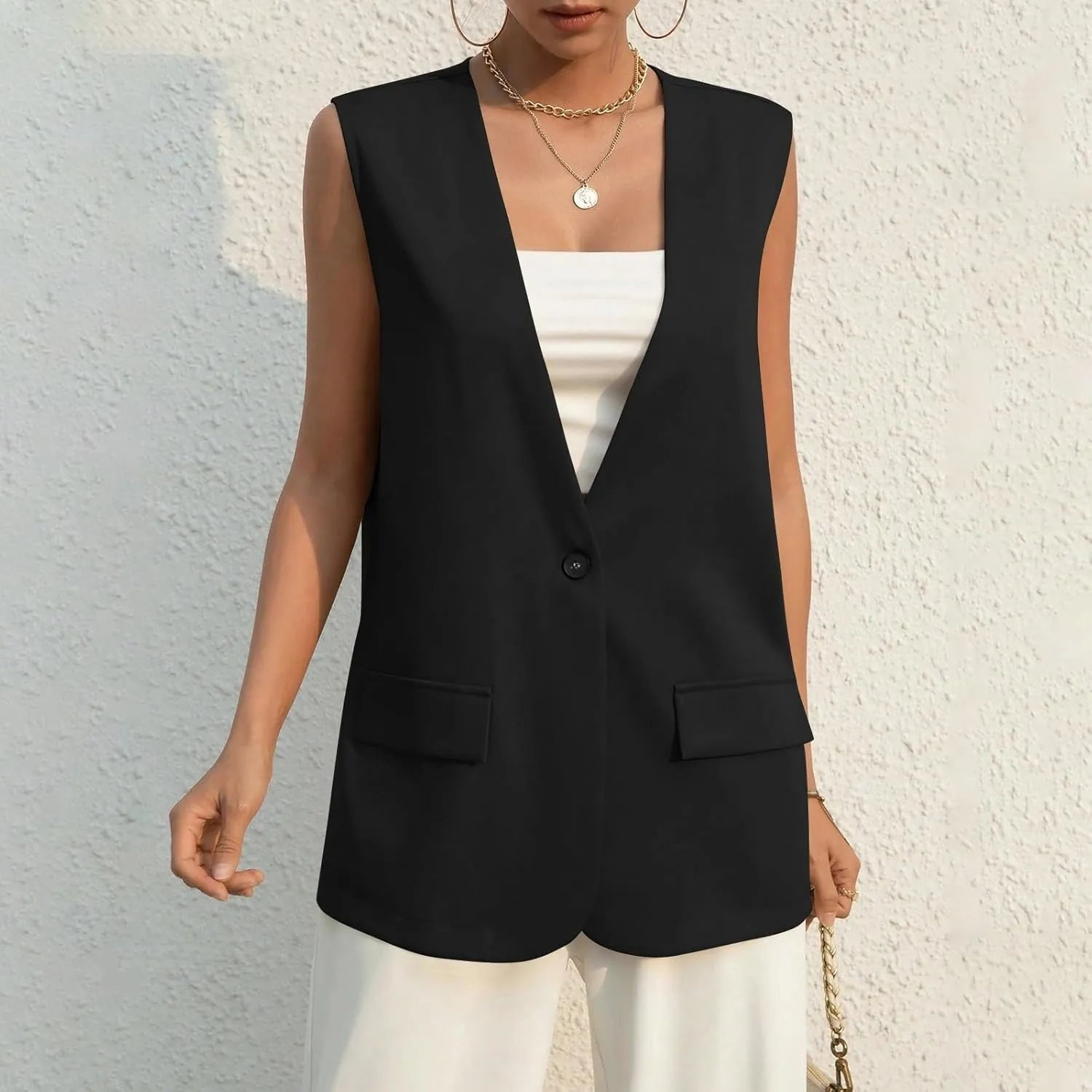 Women's Sleeveless Blazers Solid Color Open Front Blazer Vests Lapel Single Button Business Casual Jackets