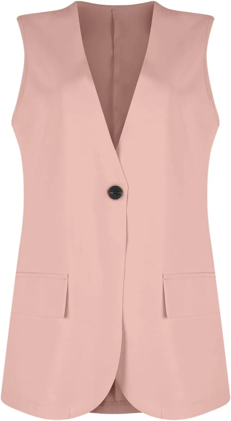 Women's Sleeveless Blazers Solid Color Open Front Blazer Vests Lapel Single Button Business Casual Jackets