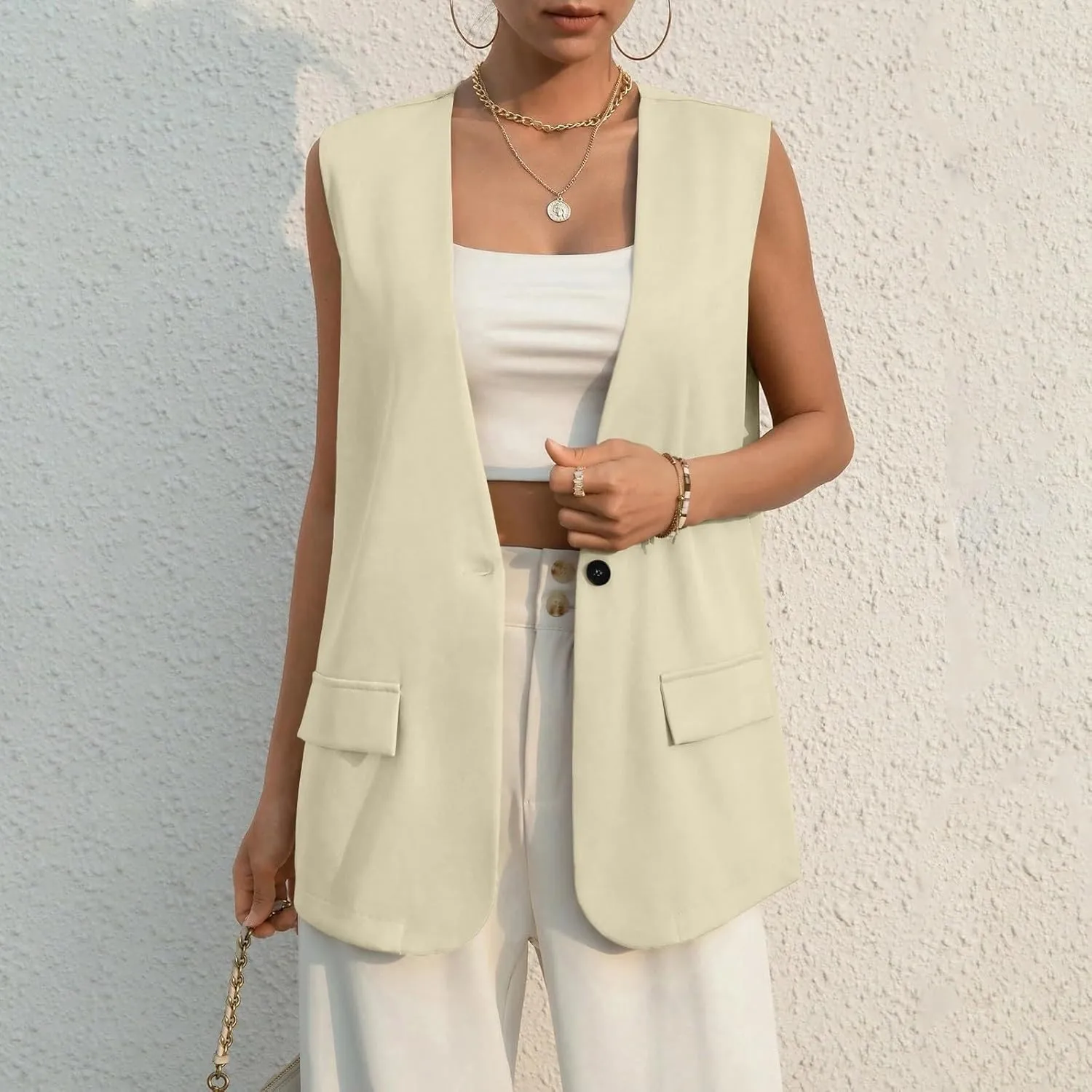 Women's Sleeveless Blazers Solid Color Open Front Blazer Vests Lapel Single Button Business Casual Jackets