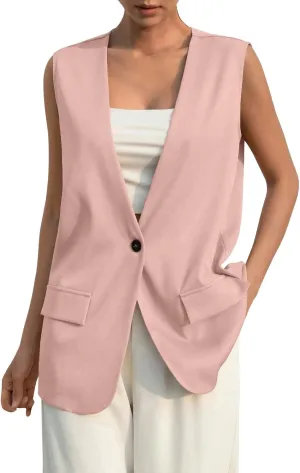 Women's Sleeveless Blazers Solid Color Open Front Blazer Vests Lapel Single Button Business Casual Jackets