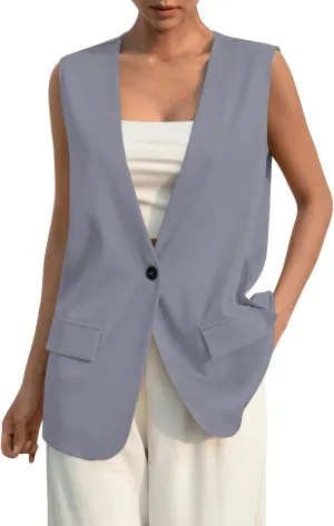 Women's Sleeveless Blazers Solid Color Open Front Blazer Vests Lapel Single Button Business Casual Jackets