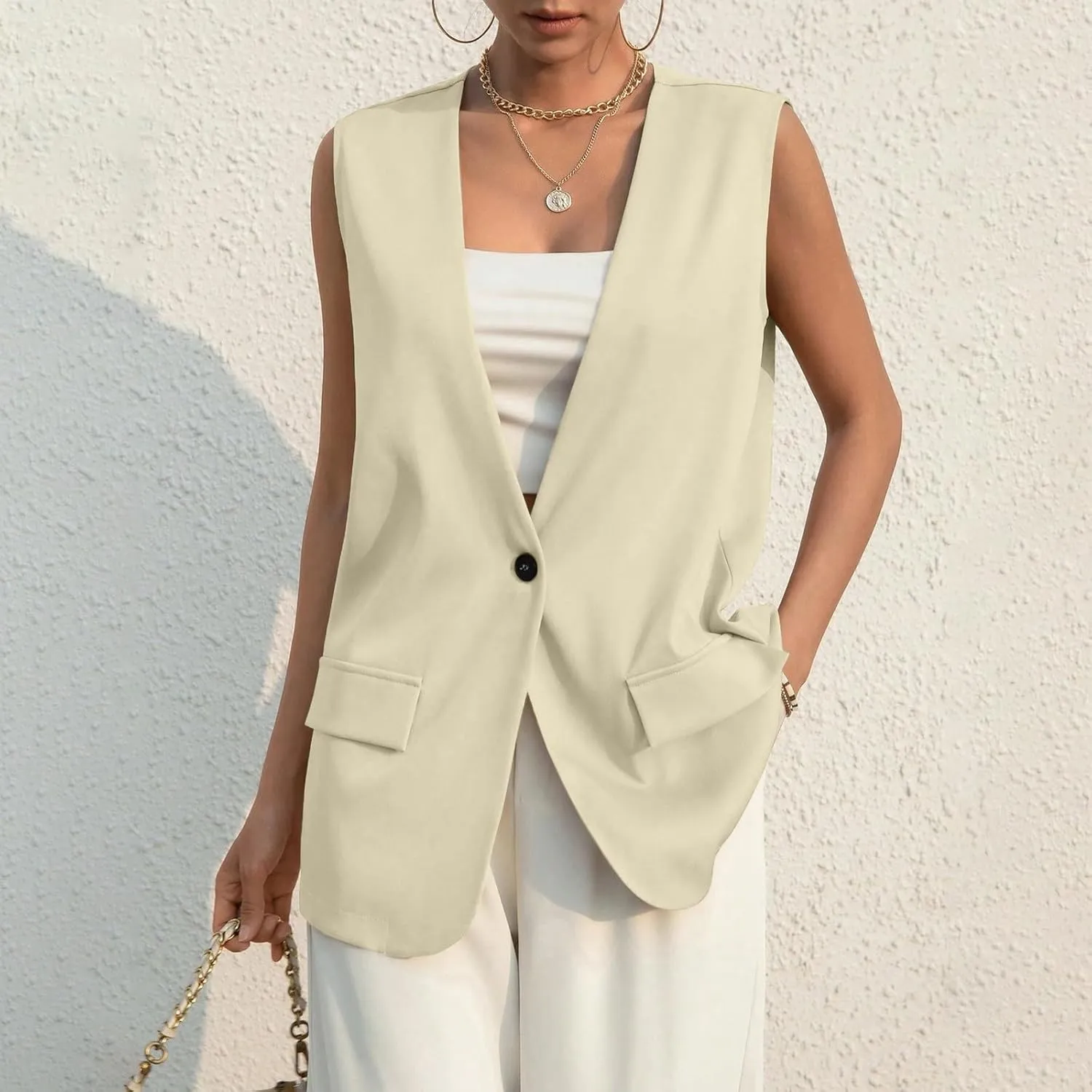 Women's Sleeveless Blazers Solid Color Open Front Blazer Vests Lapel Single Button Business Casual Jackets