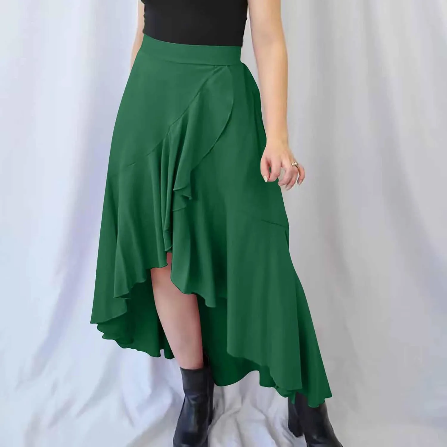 Womens Slit Split Ruffle Long Skirts High Waisted Summer Flowy Maxi Skirt Boho High Low Asymmetrical Midi Beach Skirt