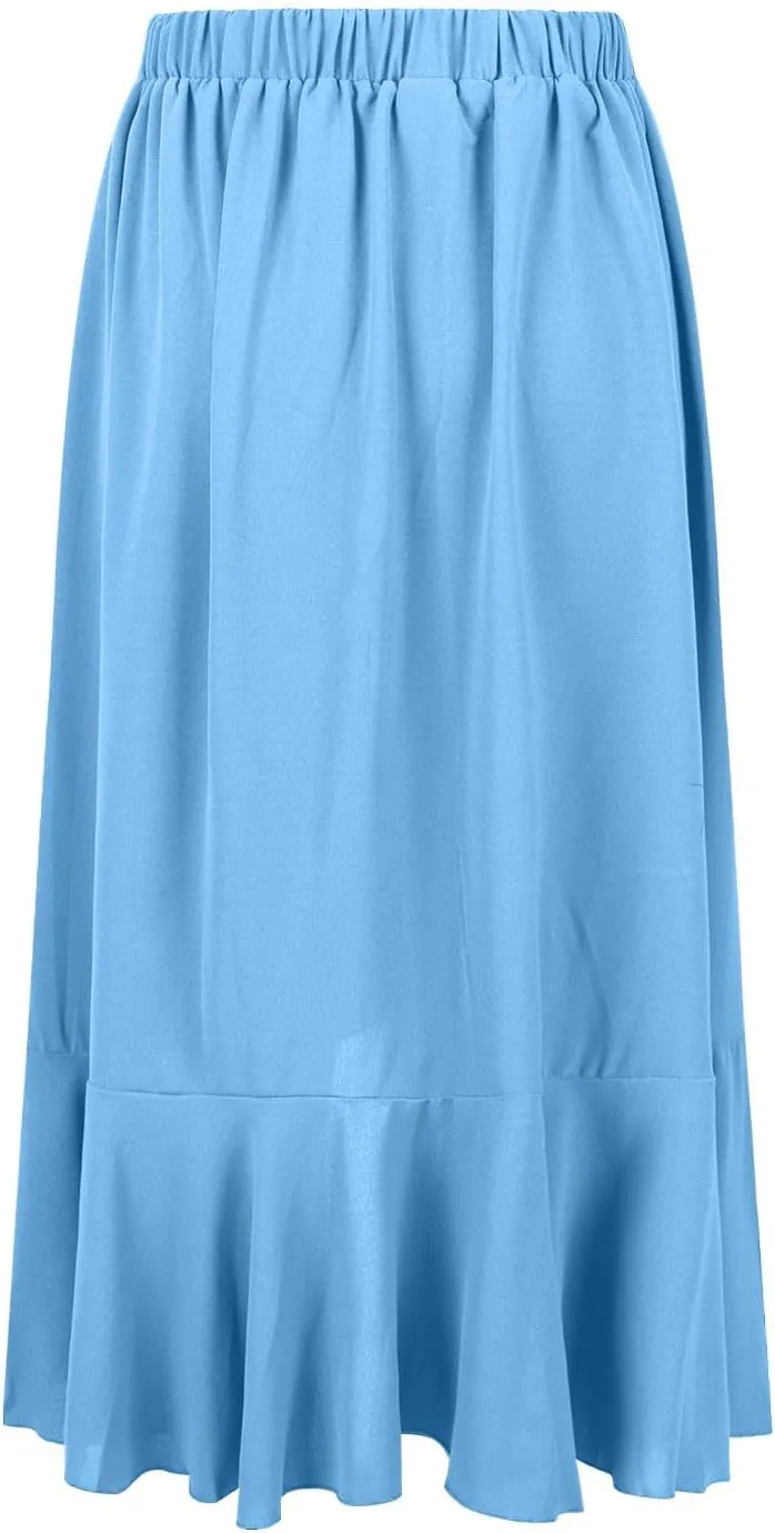 Womens Slit Split Ruffle Long Skirts High Waisted Summer Flowy Maxi Skirt Boho High Low Asymmetrical Midi Beach Skirt
