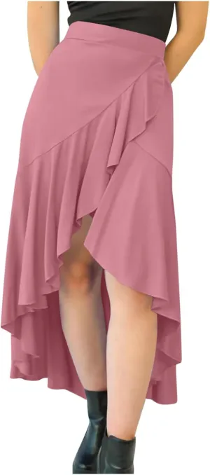 Womens Slit Split Ruffle Long Skirts High Waisted Summer Flowy Maxi Skirt Boho High Low Asymmetrical Midi Beach Skirt