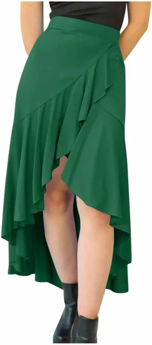 Womens Slit Split Ruffle Long Skirts High Waisted Summer Flowy Maxi Skirt Boho High Low Asymmetrical Midi Beach Skirt