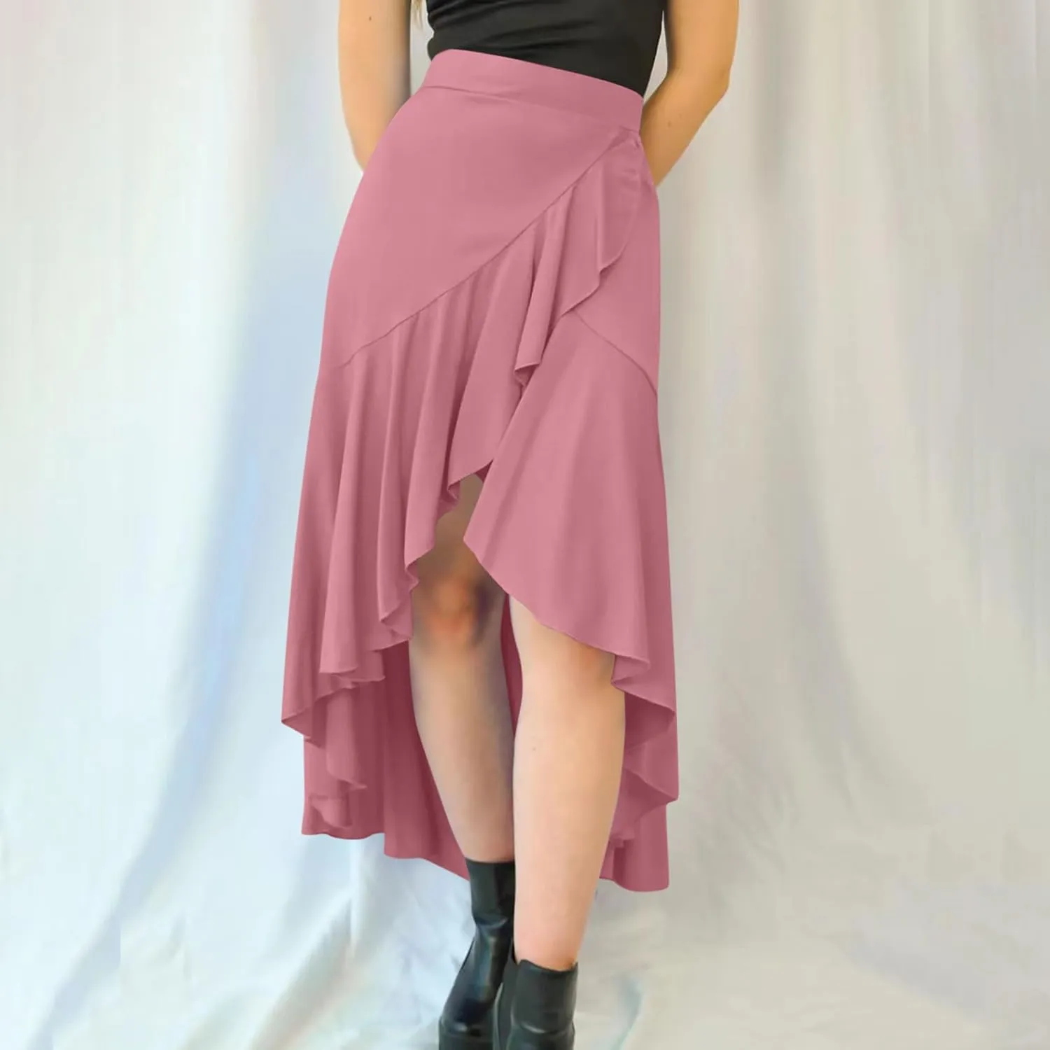 Womens Slit Split Ruffle Long Skirts High Waisted Summer Flowy Maxi Skirt Boho High Low Asymmetrical Midi Beach Skirt