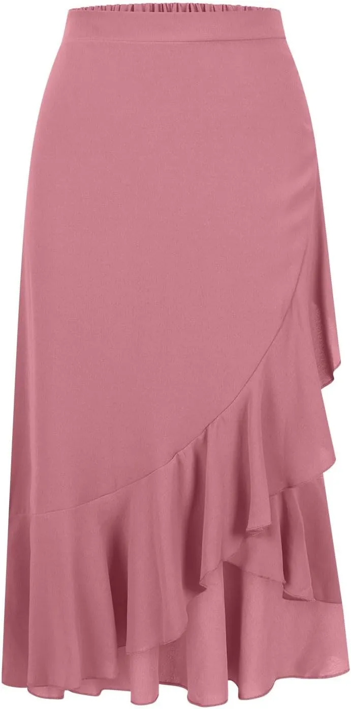 Womens Slit Split Ruffle Long Skirts High Waisted Summer Flowy Maxi Skirt Boho High Low Asymmetrical Midi Beach Skirt