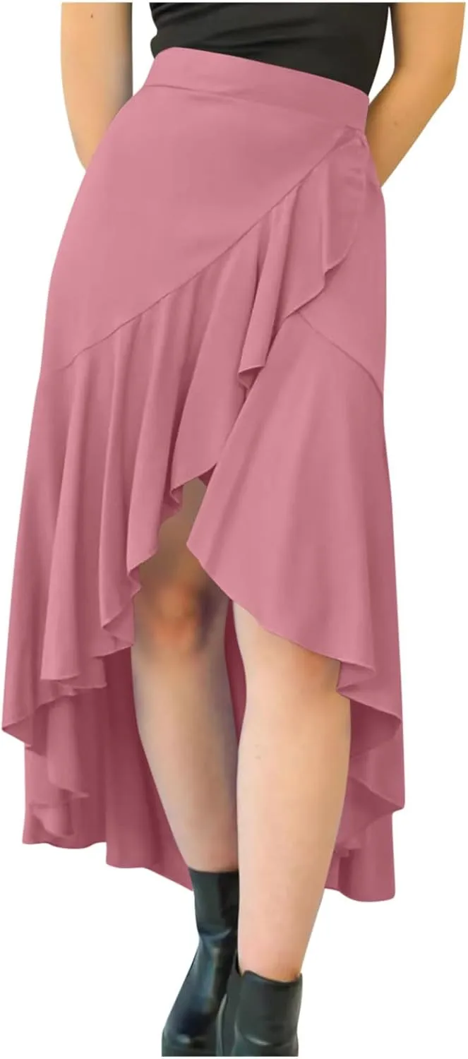 Womens Slit Split Ruffle Long Skirts High Waisted Summer Flowy Maxi Skirt Boho High Low Asymmetrical Midi Beach Skirt
