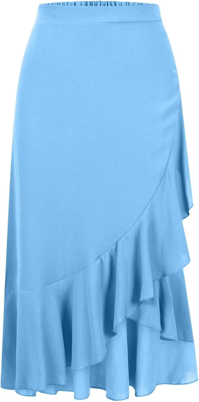Womens Slit Split Ruffle Long Skirts High Waisted Summer Flowy Maxi Skirt Boho High Low Asymmetrical Midi Beach Skirt