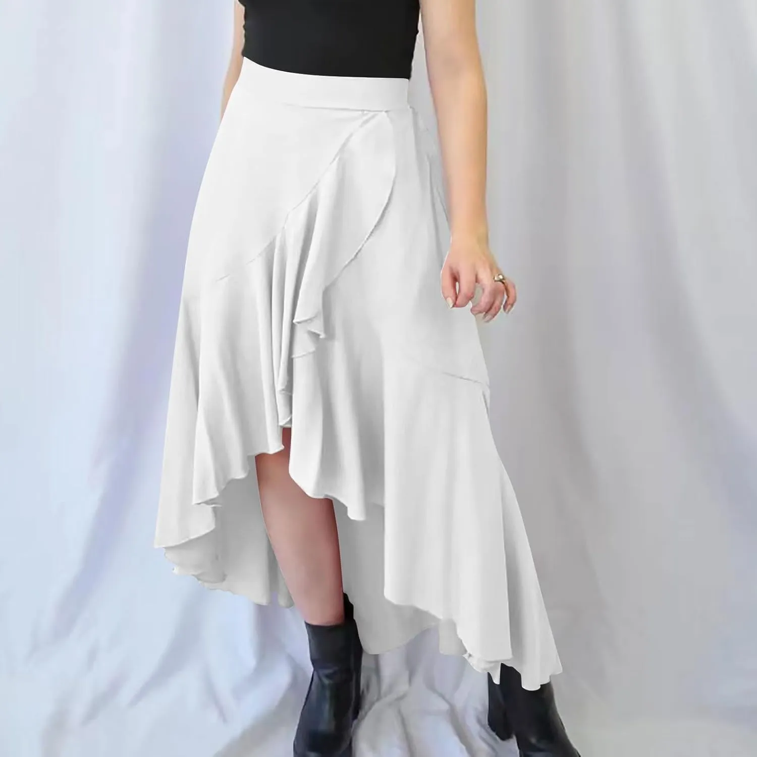 Womens Slit Split Ruffle Long Skirts High Waisted Summer Flowy Maxi Skirt Boho High Low Asymmetrical Midi Beach Skirt