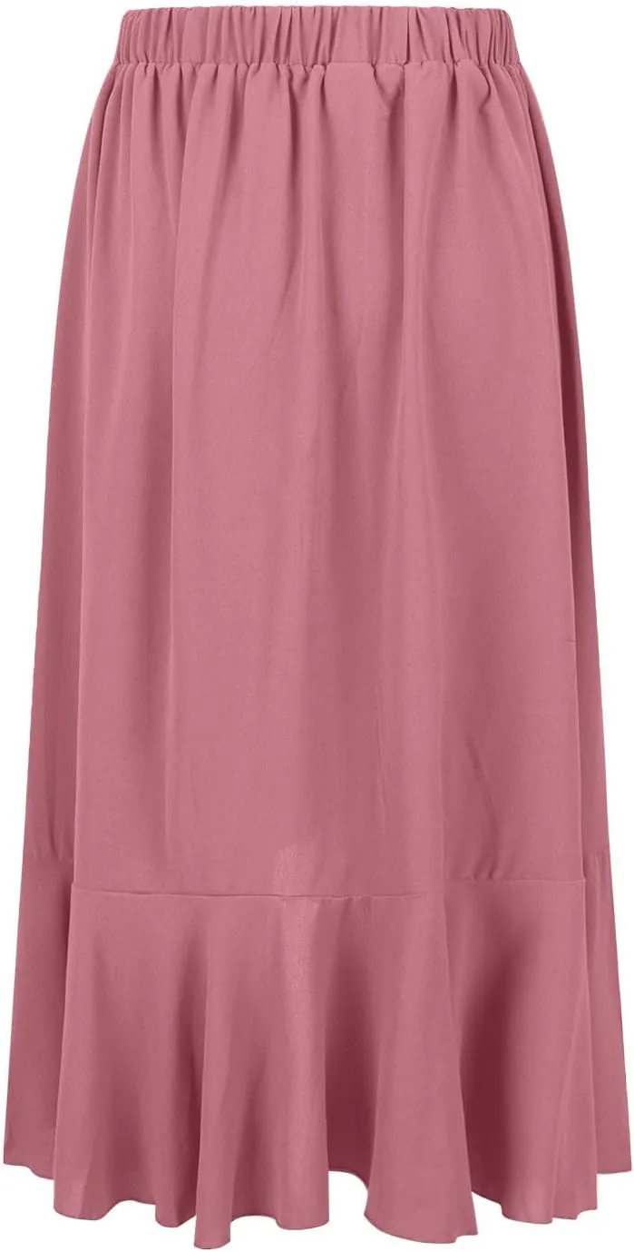 Womens Slit Split Ruffle Long Skirts High Waisted Summer Flowy Maxi Skirt Boho High Low Asymmetrical Midi Beach Skirt