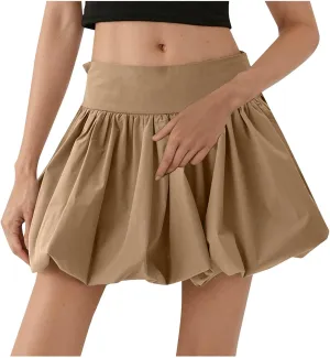 Women's Solid Color Mid Waisted Bubble Skirts, Summer Outdoor Workout Tennis Skirt Ruched Comfy Casual Bloomer
