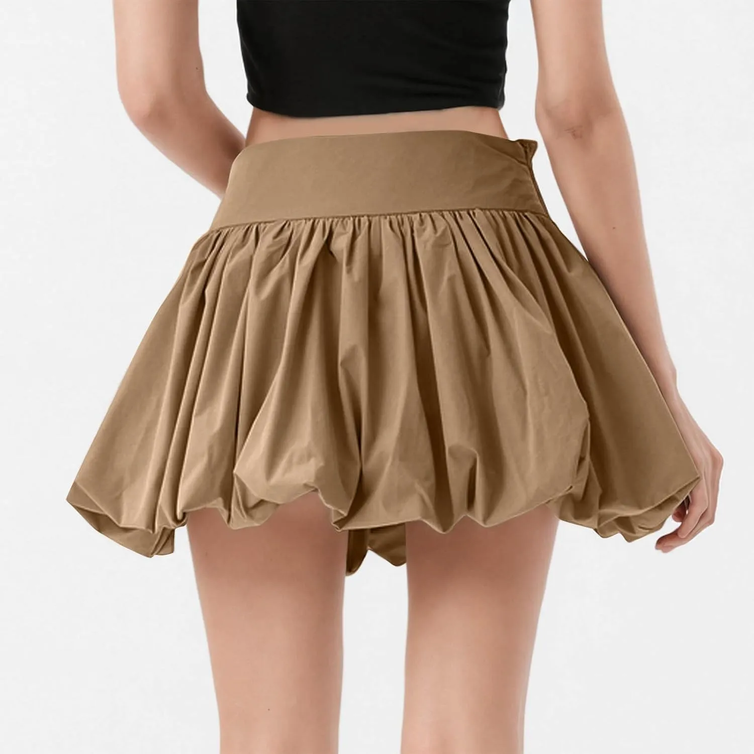 Women's Solid Color Mid Waisted Bubble Skirts, Summer Outdoor Workout Tennis Skirt Ruched Comfy Casual Bloomer