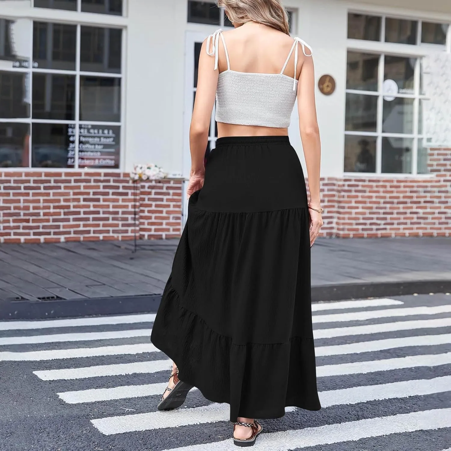 Womens Split Ruffle High Low Maxi Skirt Summer Casual Fashion Tiered Maxi Skirts High Waist Pleated Flowy Midi Skirt