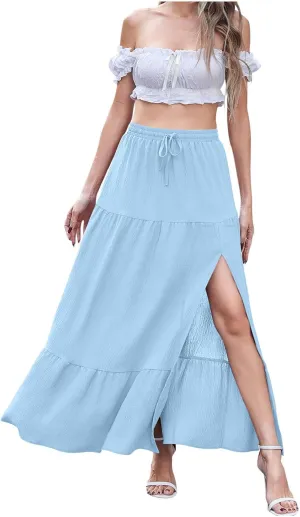 Womens Split Ruffle High Low Maxi Skirt Summer Casual Fashion Tiered Maxi Skirts High Waist Pleated Flowy Midi Skirt