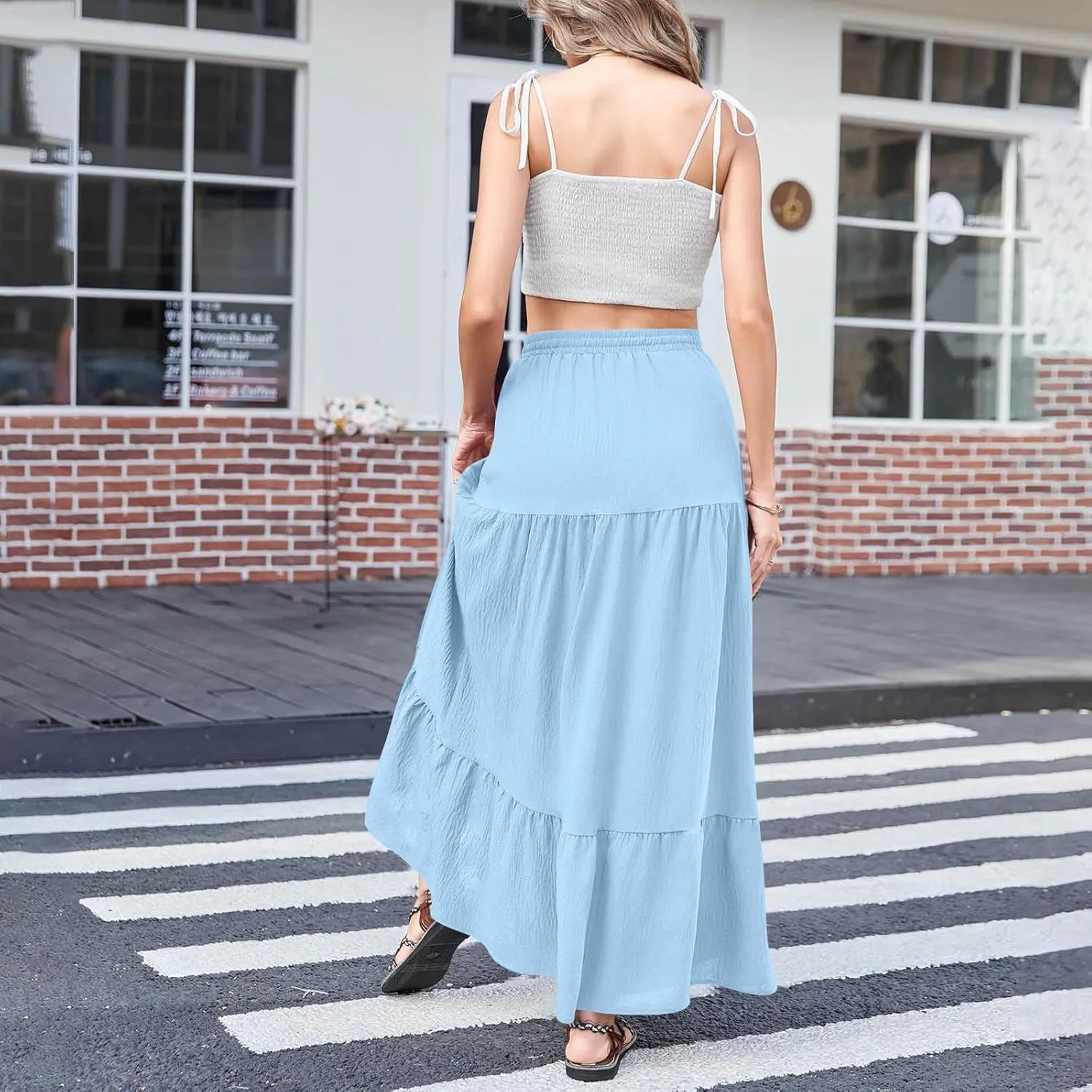 Womens Split Ruffle High Low Maxi Skirt Summer Casual Fashion Tiered Maxi Skirts High Waist Pleated Flowy Midi Skirt