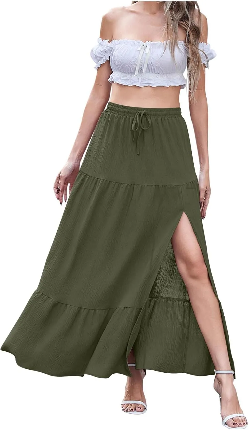 Womens Split Ruffle High Low Maxi Skirt Summer Casual Fashion Tiered Maxi Skirts High Waist Pleated Flowy Midi Skirt