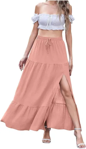 Womens Split Ruffle High Low Maxi Skirt Summer Casual Fashion Tiered Maxi Skirts High Waist Pleated Flowy Midi Skirt