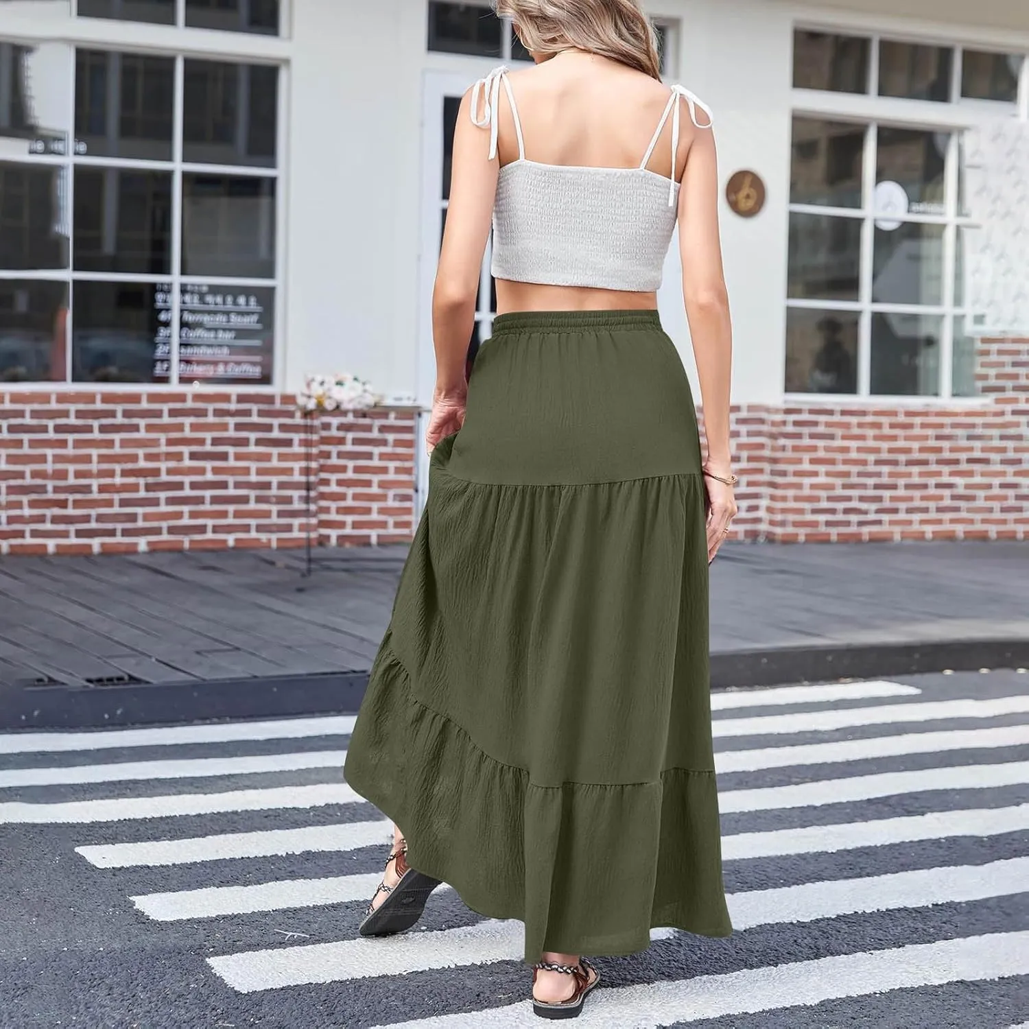 Womens Split Ruffle High Low Maxi Skirt Summer Casual Fashion Tiered Maxi Skirts High Waist Pleated Flowy Midi Skirt