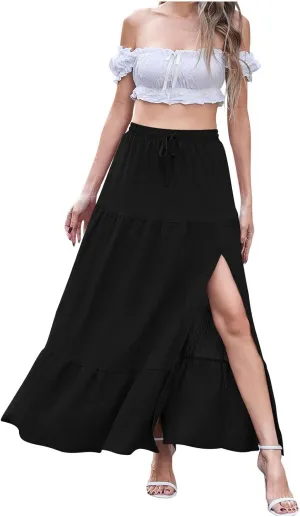 Womens Split Ruffle High Low Maxi Skirt Summer Casual Fashion Tiered Maxi Skirts High Waist Pleated Flowy Midi Skirt