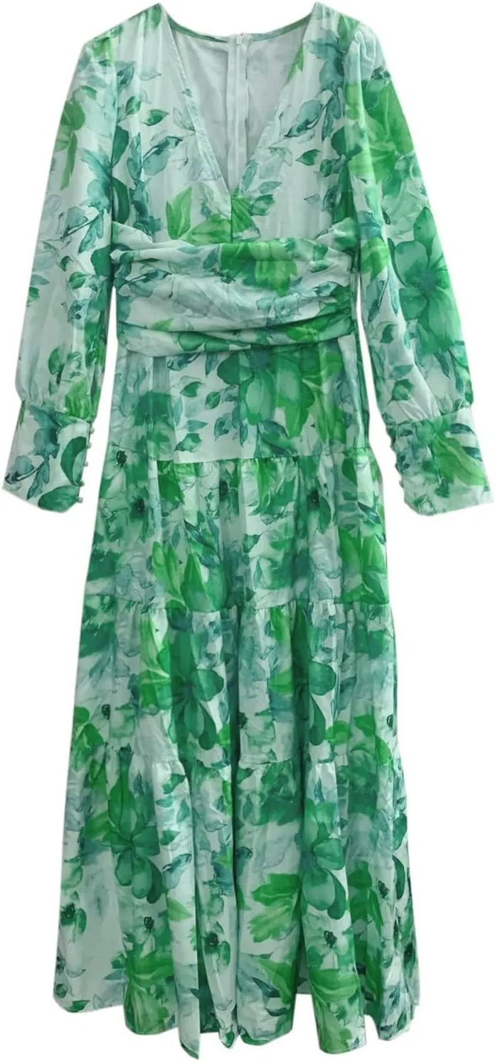 Womens Spring Lantern Sleeve V Neck Ruffle Tiered Floral Maxi Dress Casual High Waist Boho Chiffon Flowy Long Dresses