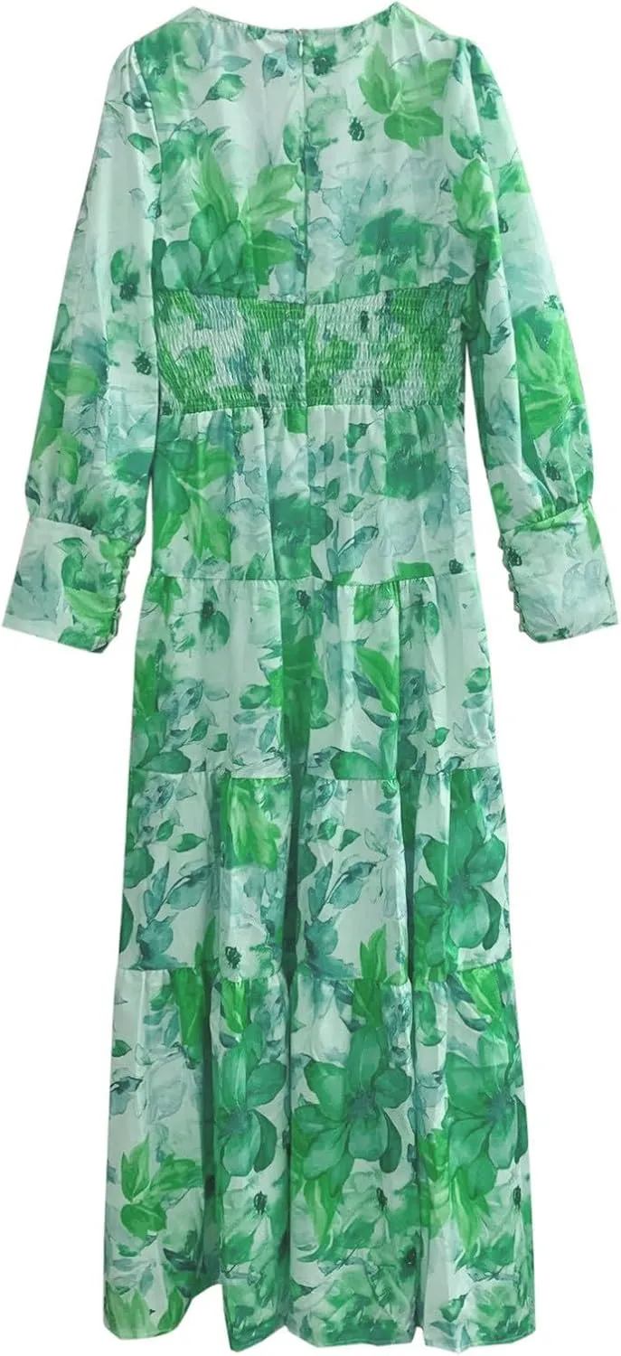 Womens Spring Lantern Sleeve V Neck Ruffle Tiered Floral Maxi Dress Casual High Waist Boho Chiffon Flowy Long Dresses