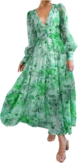 Womens Spring Lantern Sleeve V Neck Ruffle Tiered Floral Maxi Dress Casual High Waist Boho Chiffon Flowy Long Dresses