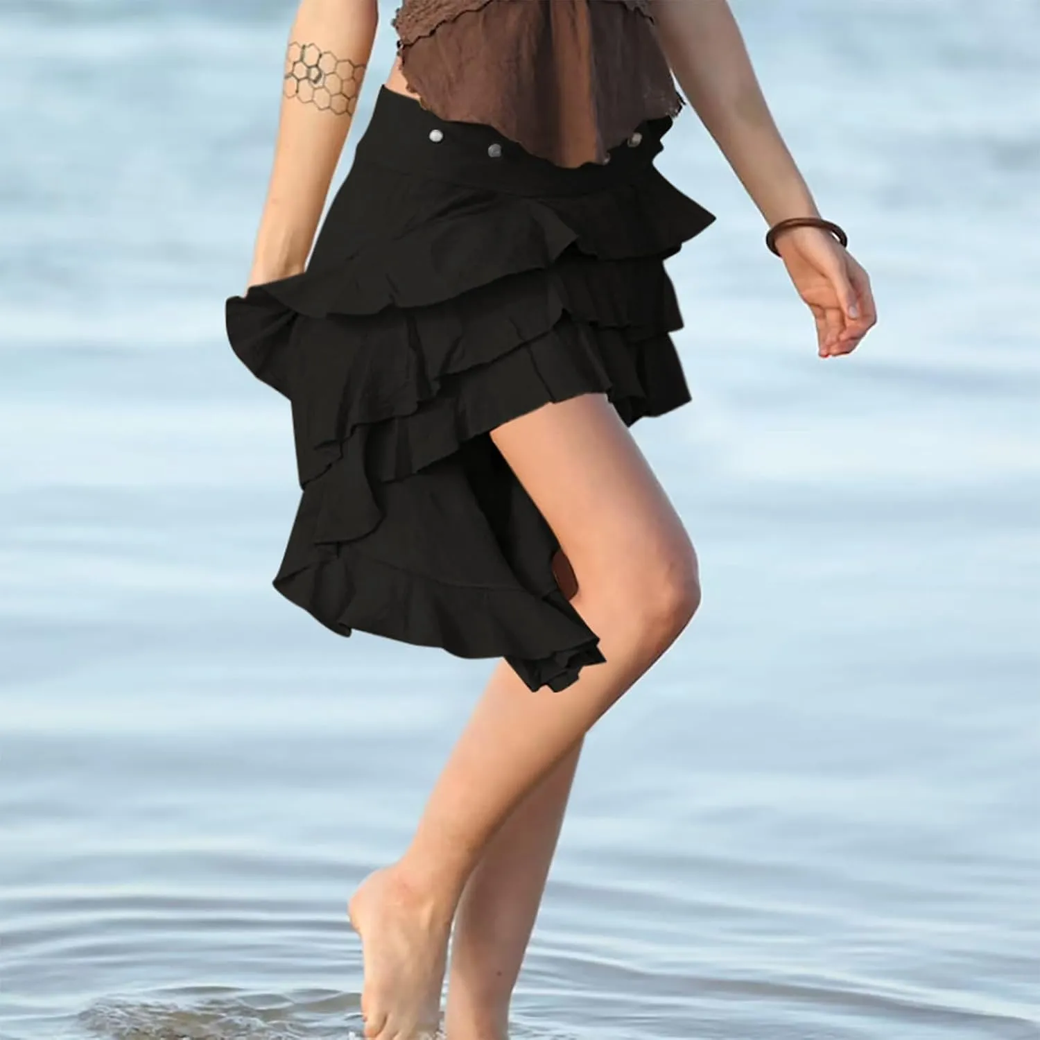 Womens Summer Beach Skirt Dressy Fashion Ruffle Pleated Layered Elastic High Waist Asymmetrical Hem Mini Skirts