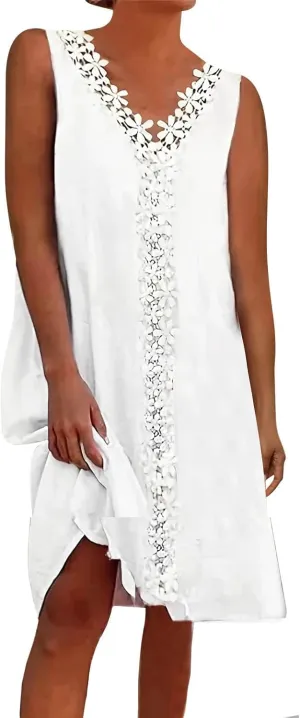 Womens Summer Boho Eyelet Embroidery Lace Trim V Neck Sleeveless Sundress Beach Vacation Loose Knee Length Tank Dress