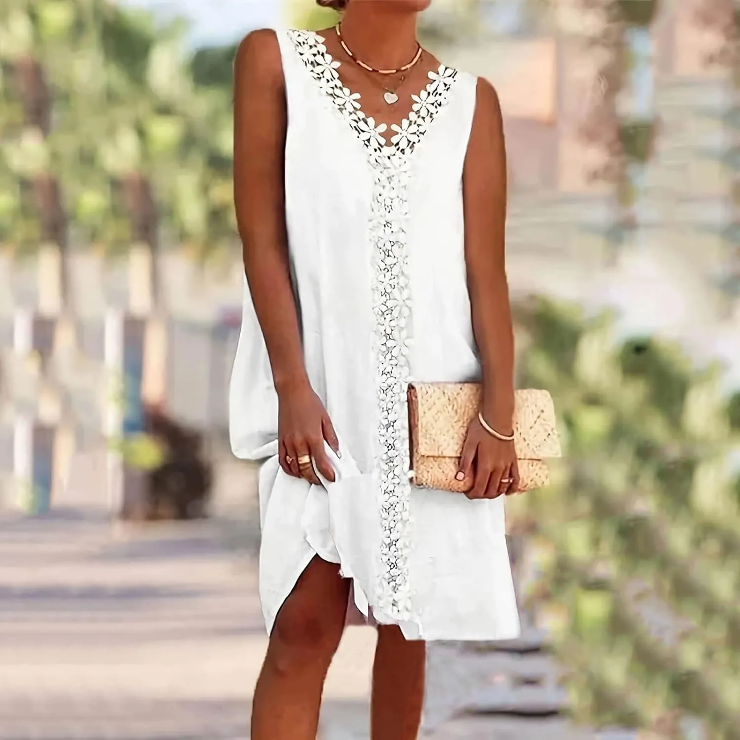 Womens Summer Boho Eyelet Embroidery Lace Trim V Neck Sleeveless Sundress Beach Vacation Loose Knee Length Tank Dress