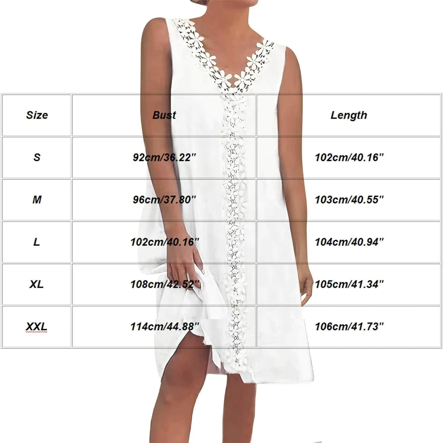 Womens Summer Boho Eyelet Embroidery Lace Trim V Neck Sleeveless Sundress Beach Vacation Loose Knee Length Tank Dress