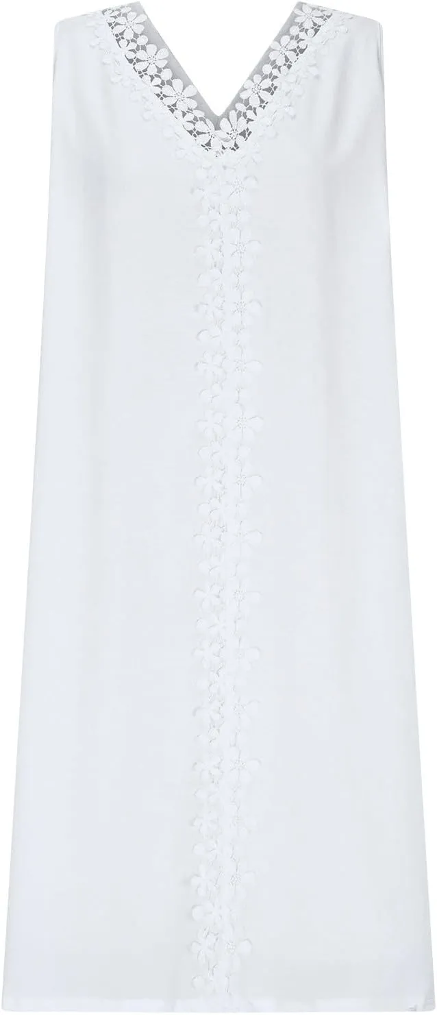 Womens Summer Boho Eyelet Embroidery Lace Trim V Neck Sleeveless Sundress Beach Vacation Loose Knee Length Tank Dress