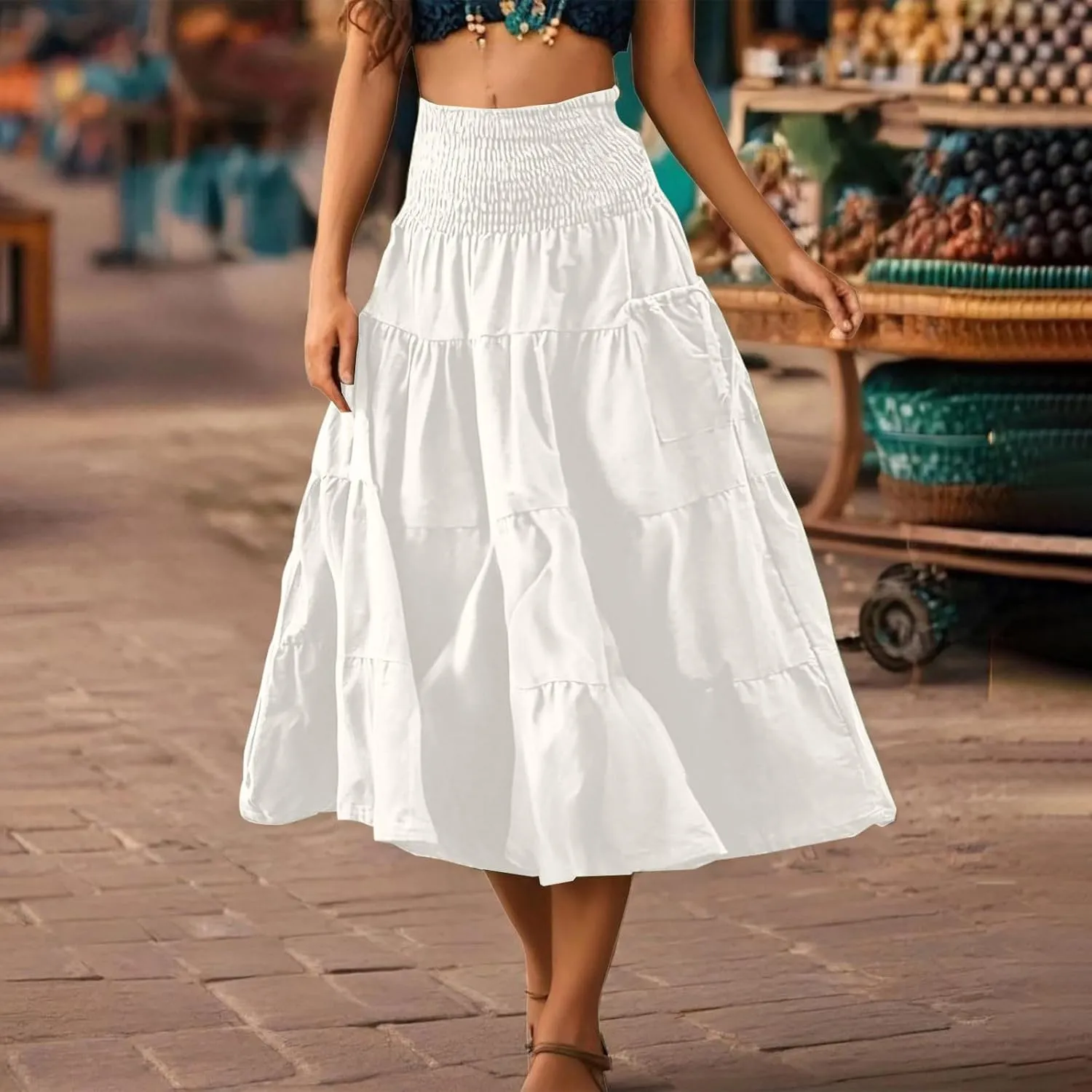 Womens Summer Boho Flowy Swing Tiered A-Line Maxi Skirt 2025 Fashion Trendy Elastic Waist Pleated Layered Long Beach Dress