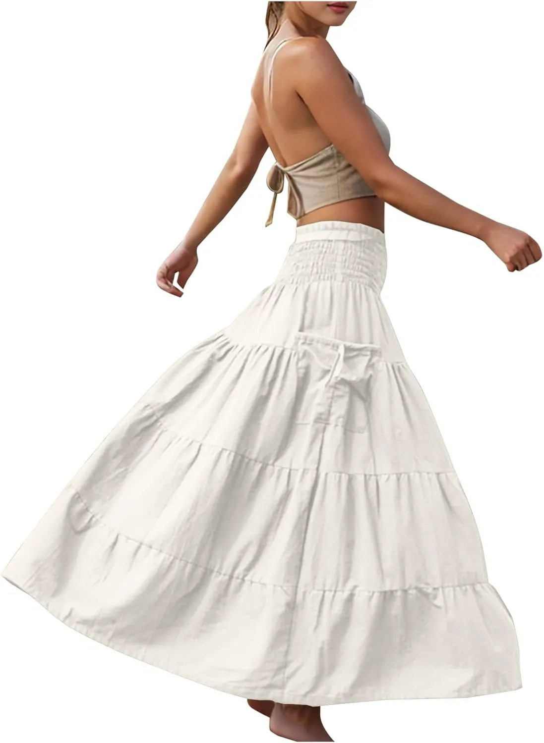 Womens Summer Boho Flowy Swing Tiered A-Line Maxi Skirt 2025 Fashion Trendy Elastic Waist Pleated Layered Long Beach Dress