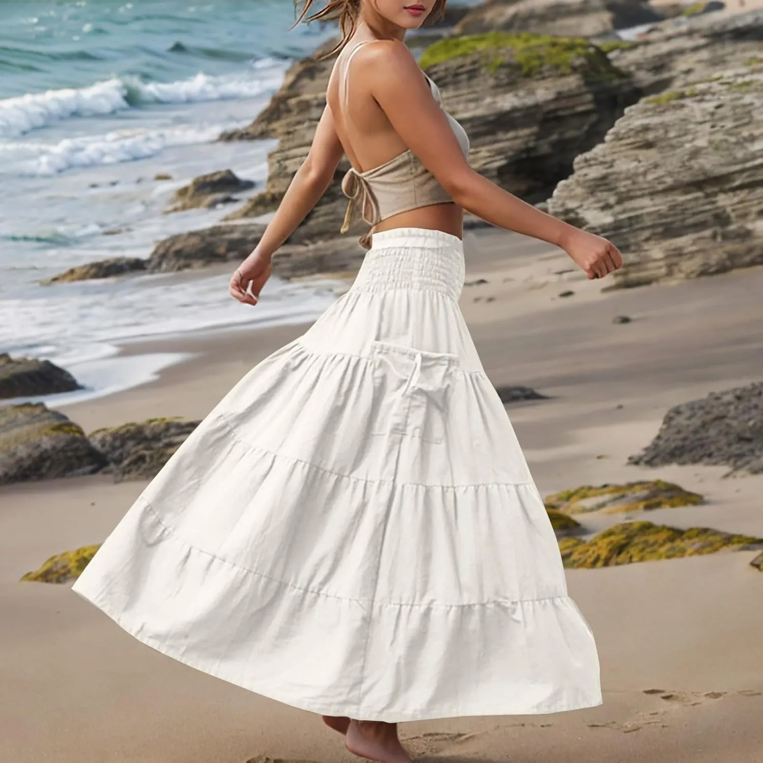 Womens Summer Boho Flowy Swing Tiered A-Line Maxi Skirt 2025 Fashion Trendy Elastic Waist Pleated Layered Long Beach Dress