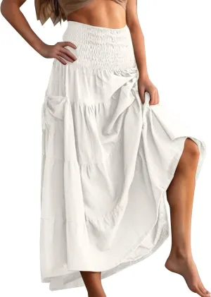 Womens Summer Boho Flowy Swing Tiered A-Line Maxi Skirt 2025 Fashion Trendy Elastic Waist Pleated Layered Long Beach Dress