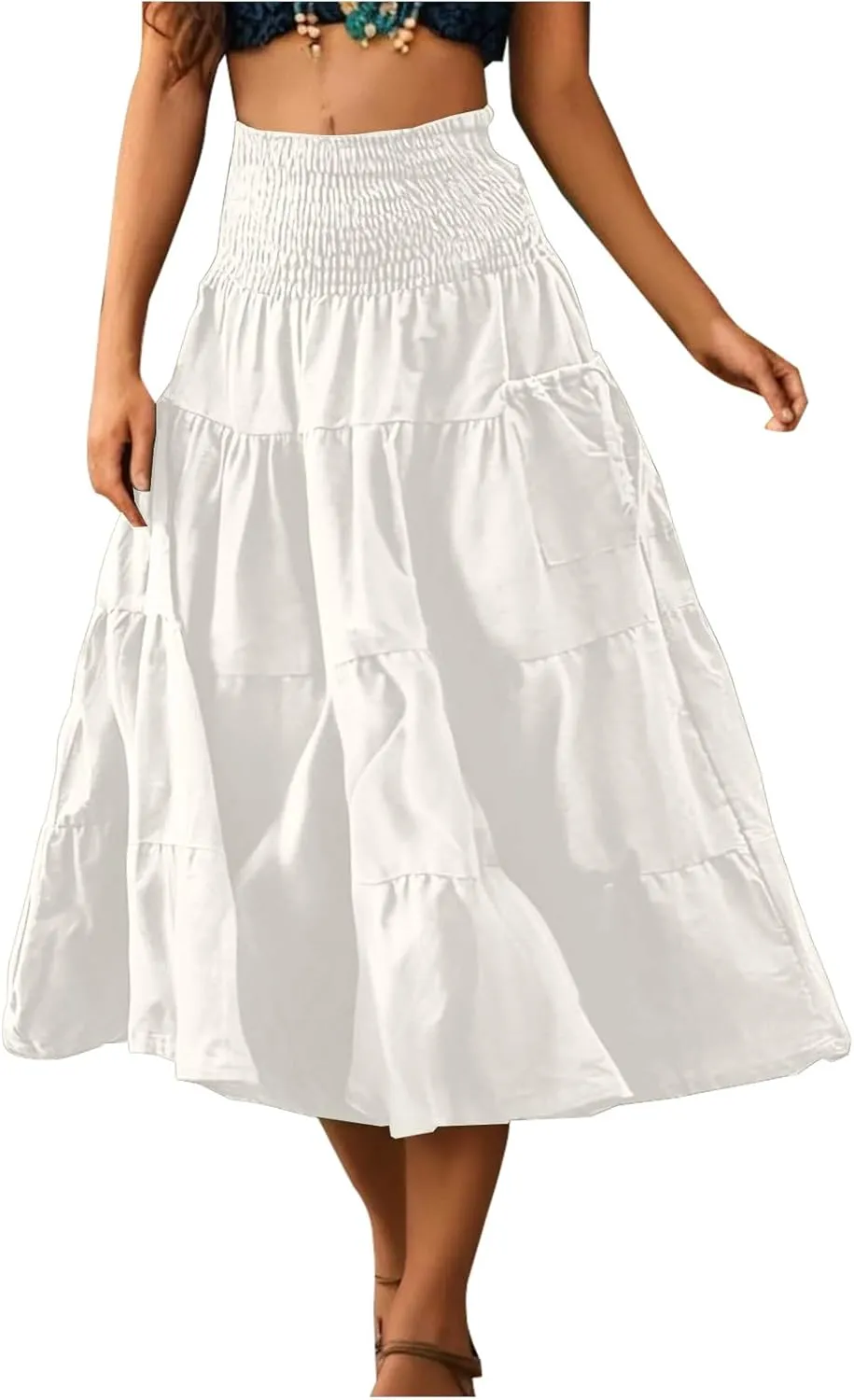 Womens Summer Boho Flowy Swing Tiered A-Line Maxi Skirt 2025 Fashion Trendy Elastic Waist Pleated Layered Long Beach Dress