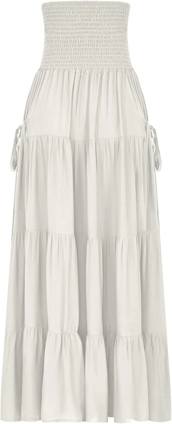 Womens Summer Boho Flowy Swing Tiered A-Line Maxi Skirt 2025 Fashion Trendy Elastic Waist Pleated Layered Long Beach Dress