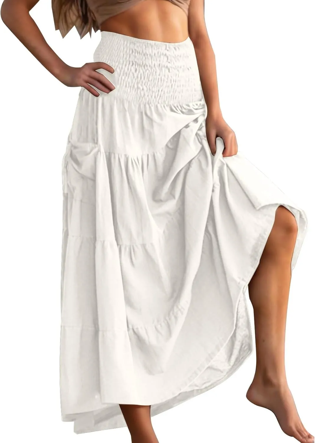 Womens Summer Boho Flowy Swing Tiered A-Line Maxi Skirt 2025 Fashion Trendy Elastic Waist Pleated Layered Long Beach Dress